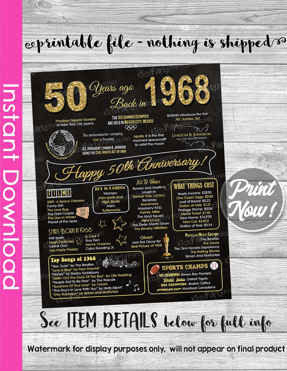 50th Anniversary Gifts DIGITAL DOWNLOAD 1968 50th Wedding Anniversary, Kids Party Printables